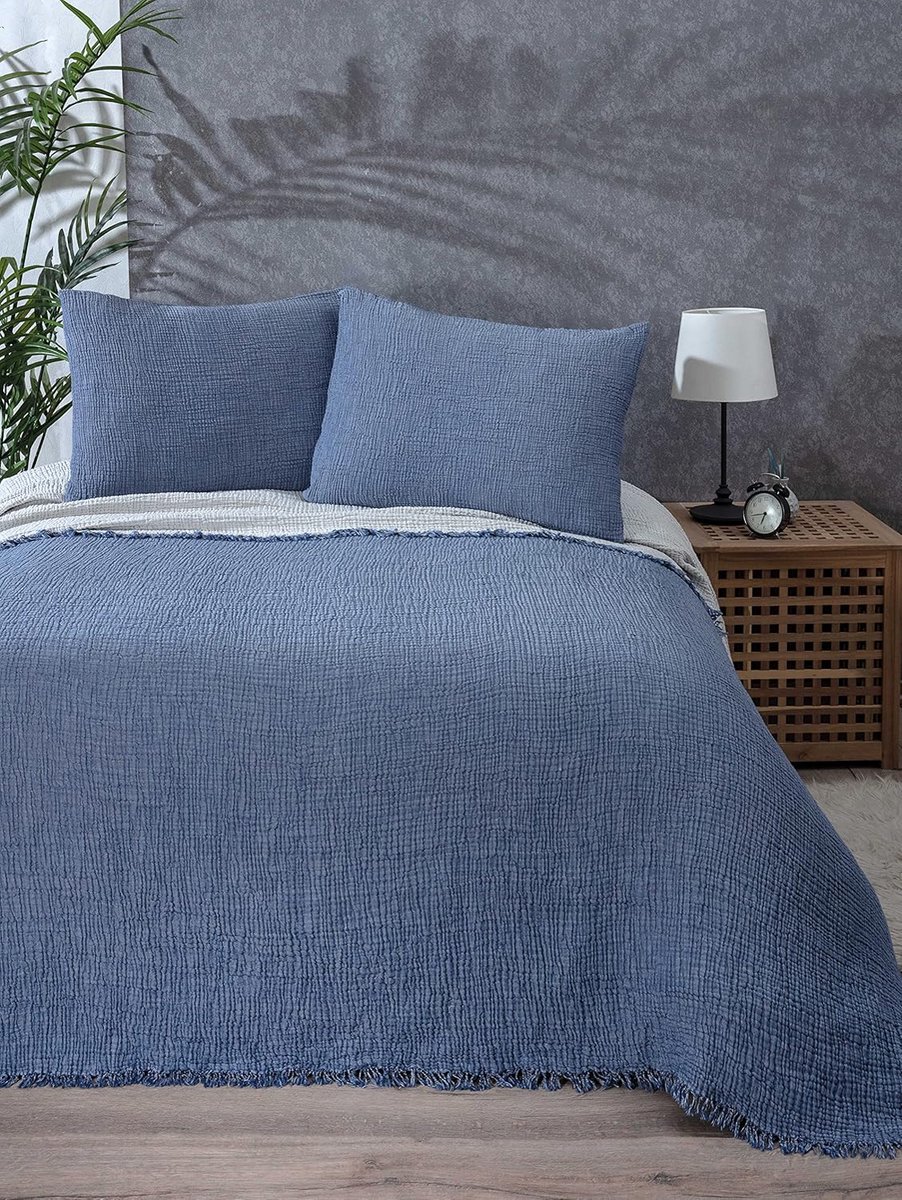 Luxe 4-Laags Katoenen Muslin Sprei - Zachte Turkse Katoen Bed Cover - Omkeerbaar - Indigo Blauw