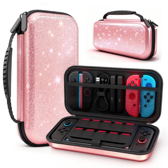 Roze glitter Switch-case, open met spelconsole en accessoires erin.