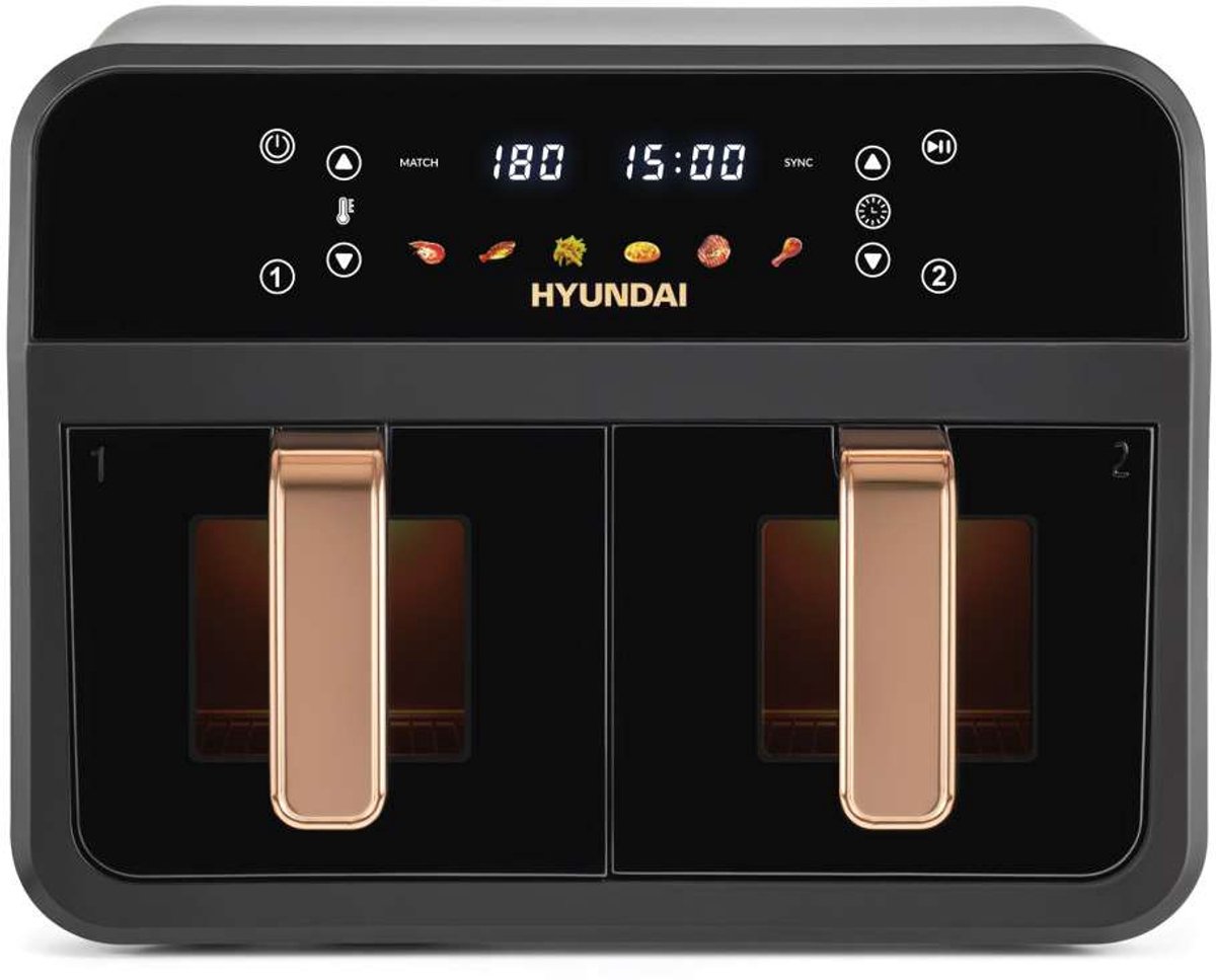 Hyundai Electronics - Digitale Airfryer Duo - Hetelucht friteuse - 6.2 Liter - Met dubbele mand en doorkijkvensters - Zwart met roségoud
