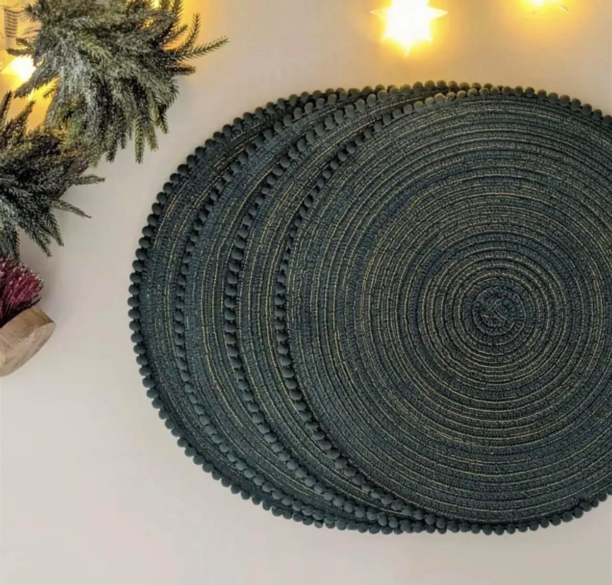 4x Ronde Placemats Groen Goud PomPom Ontwerp voor Diner Tafel