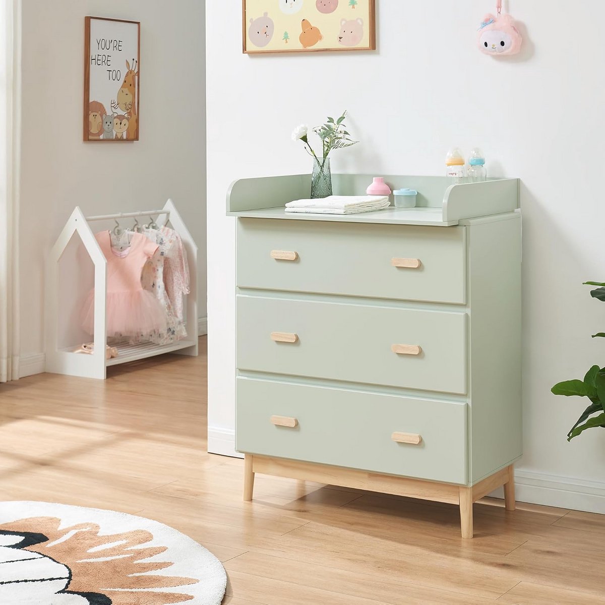Moderne Luiercommode met Afneembare Verschoonunit en Veilige Randen - Mintgroen