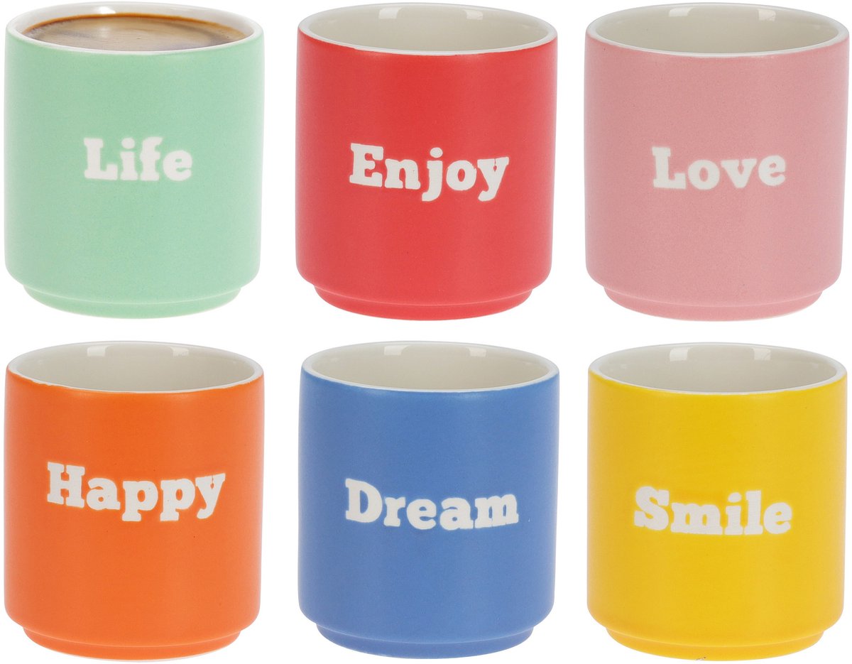 Excellent Houseware Koffiemokken - 6x stuks - 180 ml - mix kleuren - porselein - espresso glazen