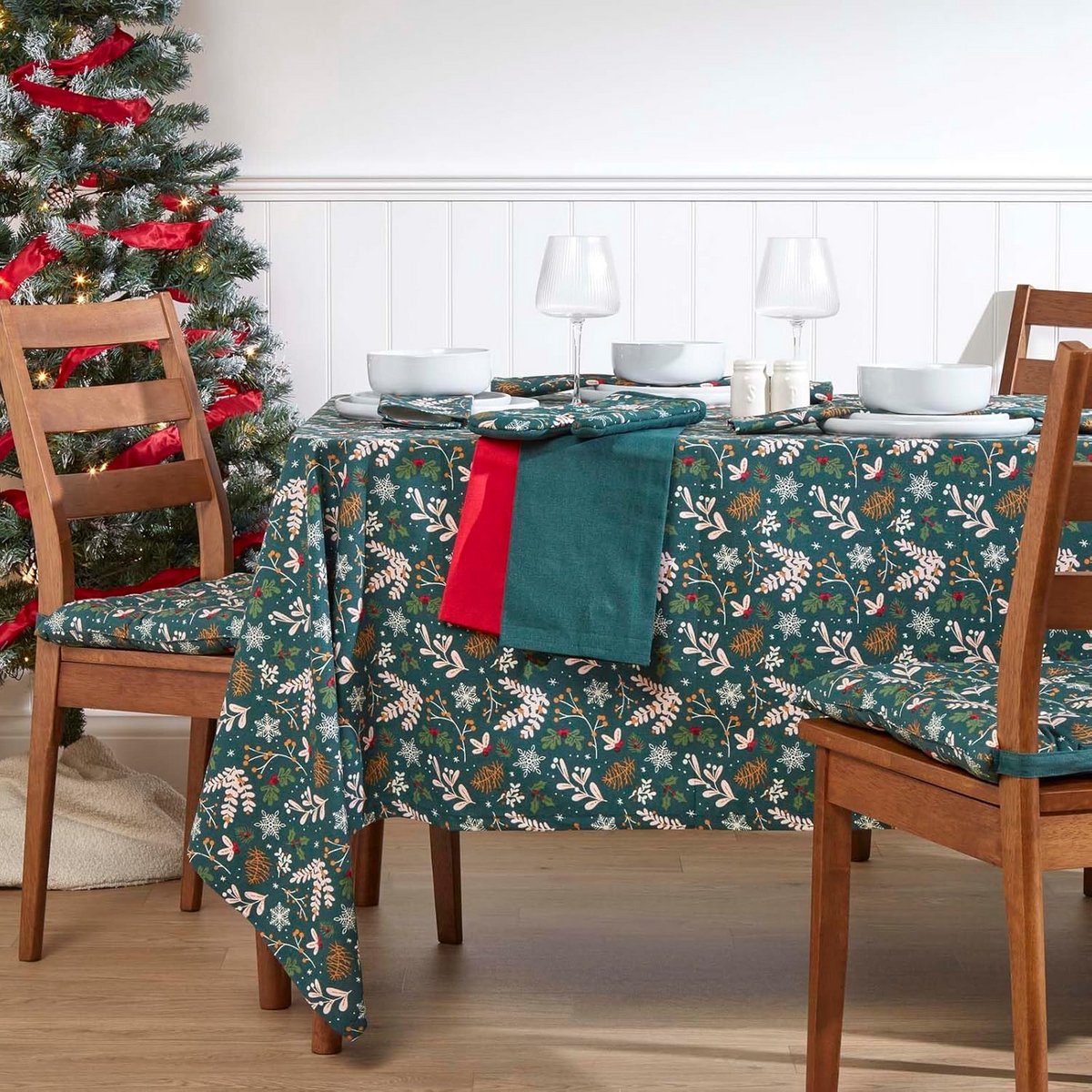 Rechthoekig Kersttafelkleed 100% Katoen Feestelijk Groen Tafeltextiel