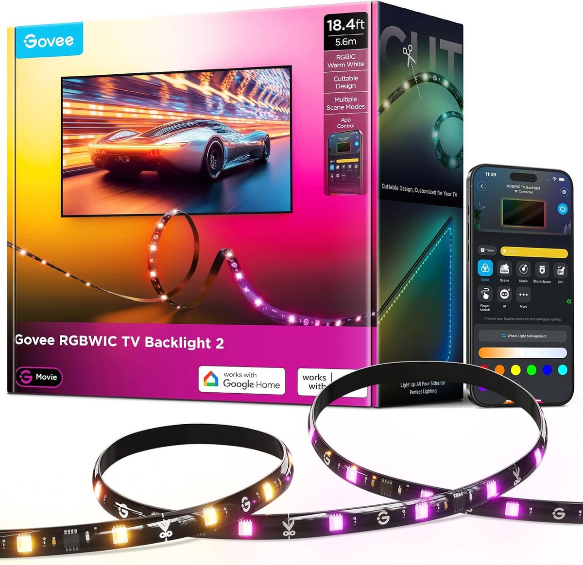 Slimme TV LED Verlichting Achtergrond 32-86 Inch, RGBIC Kleuren, Muziek Sync en App Bediening