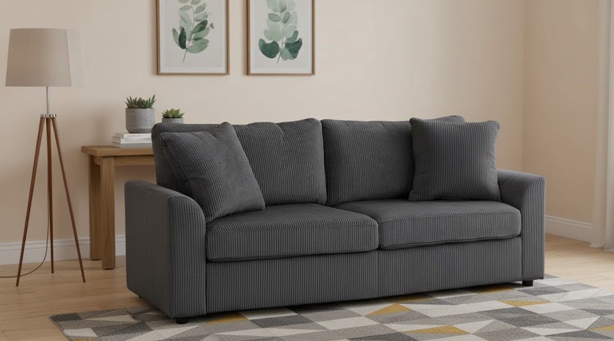 Luxe 3-Zits Bank Donkergrijs – Comfortabele Gestoffeerde Loungesofa met Armleuningen, Corduroy Bekleding, Dikke Zit- en Rugkussens, Robuuste Stalen Constructie – Voor Woonkamer & Slaapkamer, Tot 450 kg House&Garden