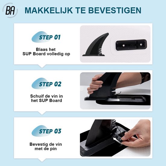 Instructies voor het bevestigen van de vin op het SUP board: opblazen, vin inschuiven, met pin vastzetten.