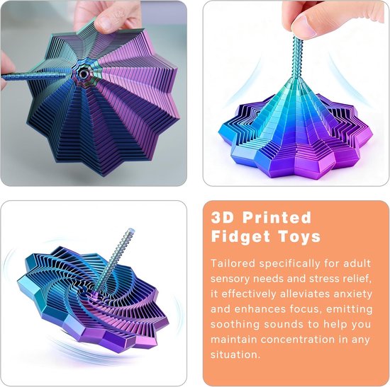 Kollage van 3D geprinte fidget toys. De speelgoedjes hebben regenboogkleuren en zijn ontworpen voor volwassenen.
