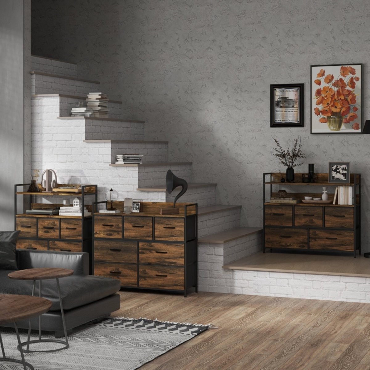 MODFU Ladekast Met 7 Opvouwbare Stofflades - Bovenblad Opbergruimte - Stalen Frame Met Verstelbare Poten - Industrieel - Bruin - 98 x 29 x 85 cm