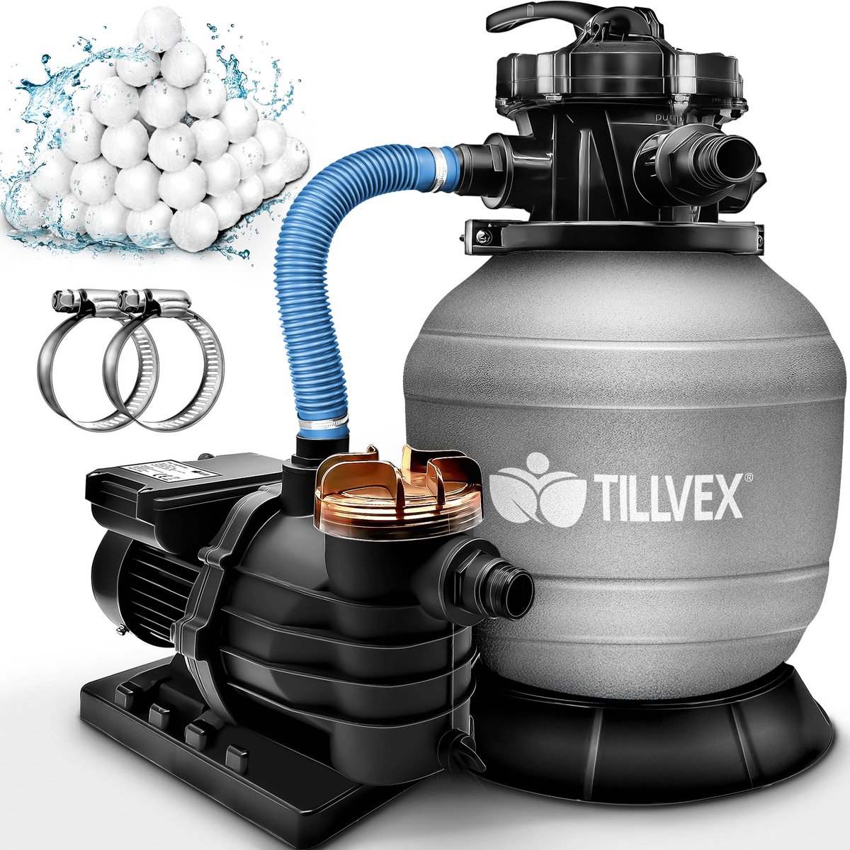 tillvex Zandfiltersysteem 13.200L/h tot 40.000L + 1200g Filterkogels | Zandfilterinstallatie 7-weg ventiel & Adapter Ø32-38mm | Zwembadfilter met drukweergave | Zandfilter zwembad (Grijs) – foto 6
