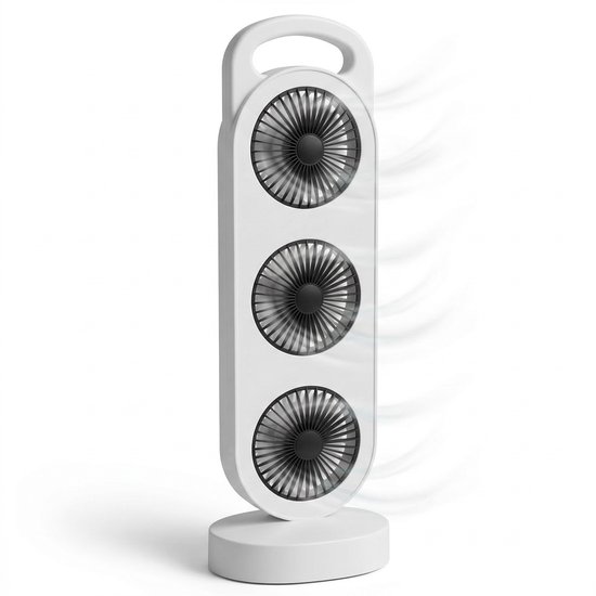 Cheqo® oplaadbare tafelventilator met 3 koppen, zwenkend, USB-C, 3 snelheden, compacte bureauventilator wit