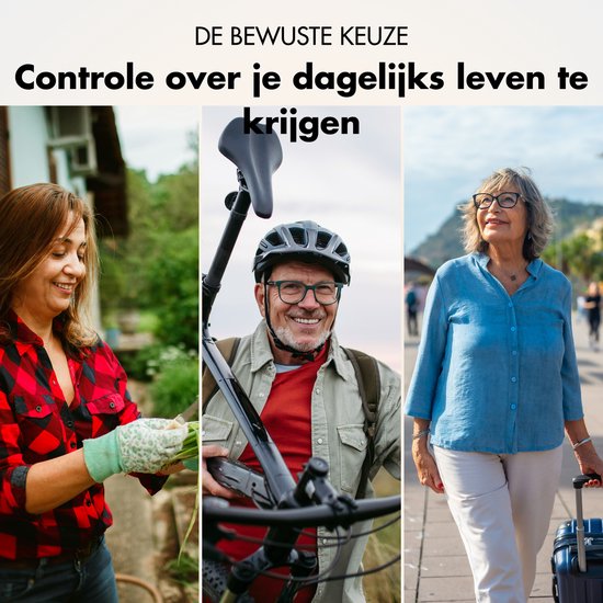 Collage van drie beelden: vrouw die groenten oogst, man op fiets, oudere vrouw met koffer.