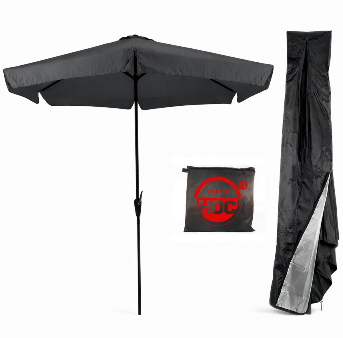CUHOC Grijze Parasol met hoes - 3m - stokparasol -Parasol met Volanten Opdraaier en Redlabelhoes Grijs