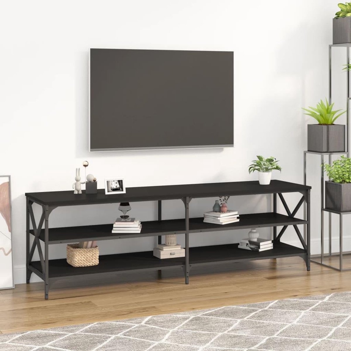 Tv-meubel Zwart - Opbergkast Media - Woonkamer Entertainment - Industrieel Vintage Design - 160x40x50 cm - Zwart