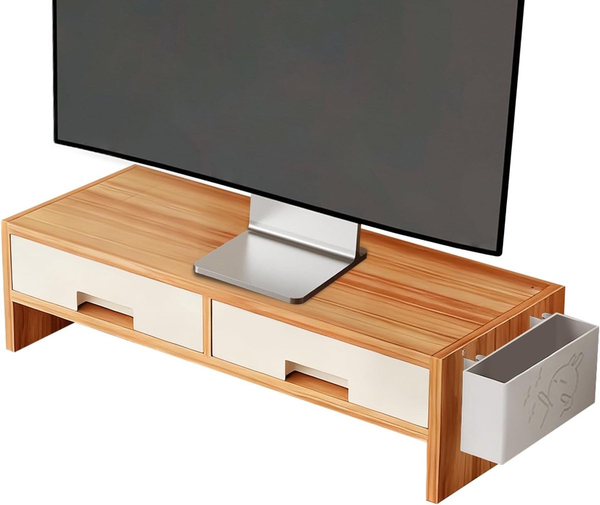 Monitor Verhoger - Bureau Verstelling - Ergonomisch Werken - Dubbele Lade Opslag - 50x19.5x13.5cm - Zwart Walnoot