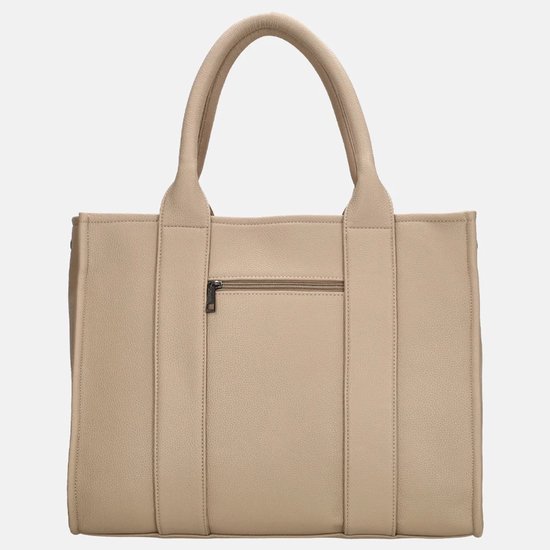 Beige handtas met ritssluiting aan de achterkant en opgestikte verticale banden.