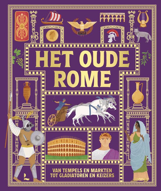 De titel 'HET OUDE ROME' staat centraal met Romeinse illustraties, waaronder een gladiator, strijdwagen en het Colosseum.