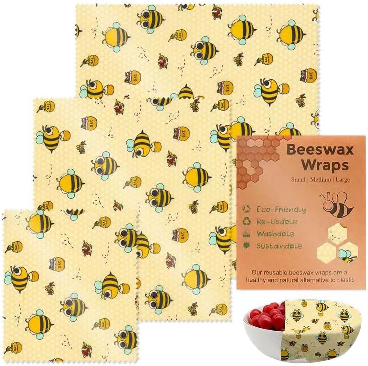 Bijenwasfolie set - Voedsel wraps - Keuken opslag - Herbruikbaar en duurzaam - 3 maten