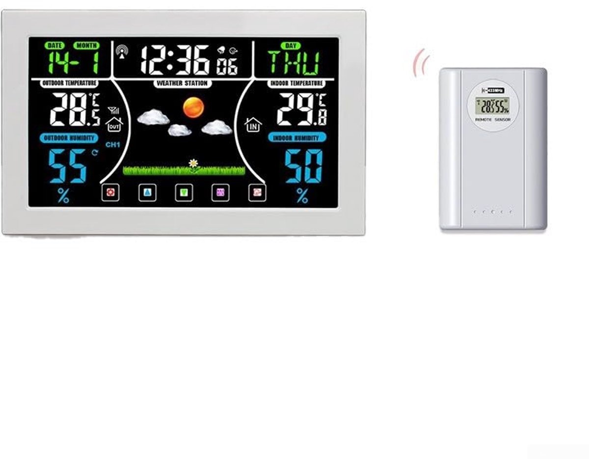Draadloos Weerstation - Binnen Buiten Monitor - Tuin Weersvoorspelling - HD VA Display - 30 x 12 x 4 cm