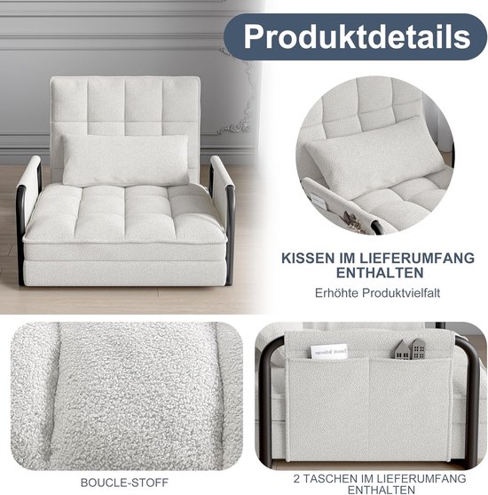 5-position sleeping chair, bed function, armrest and backrest, pull-out sofa bed, adjustable single chair with side pocket, 180 x 82 x 15 cm — afbeelding 5