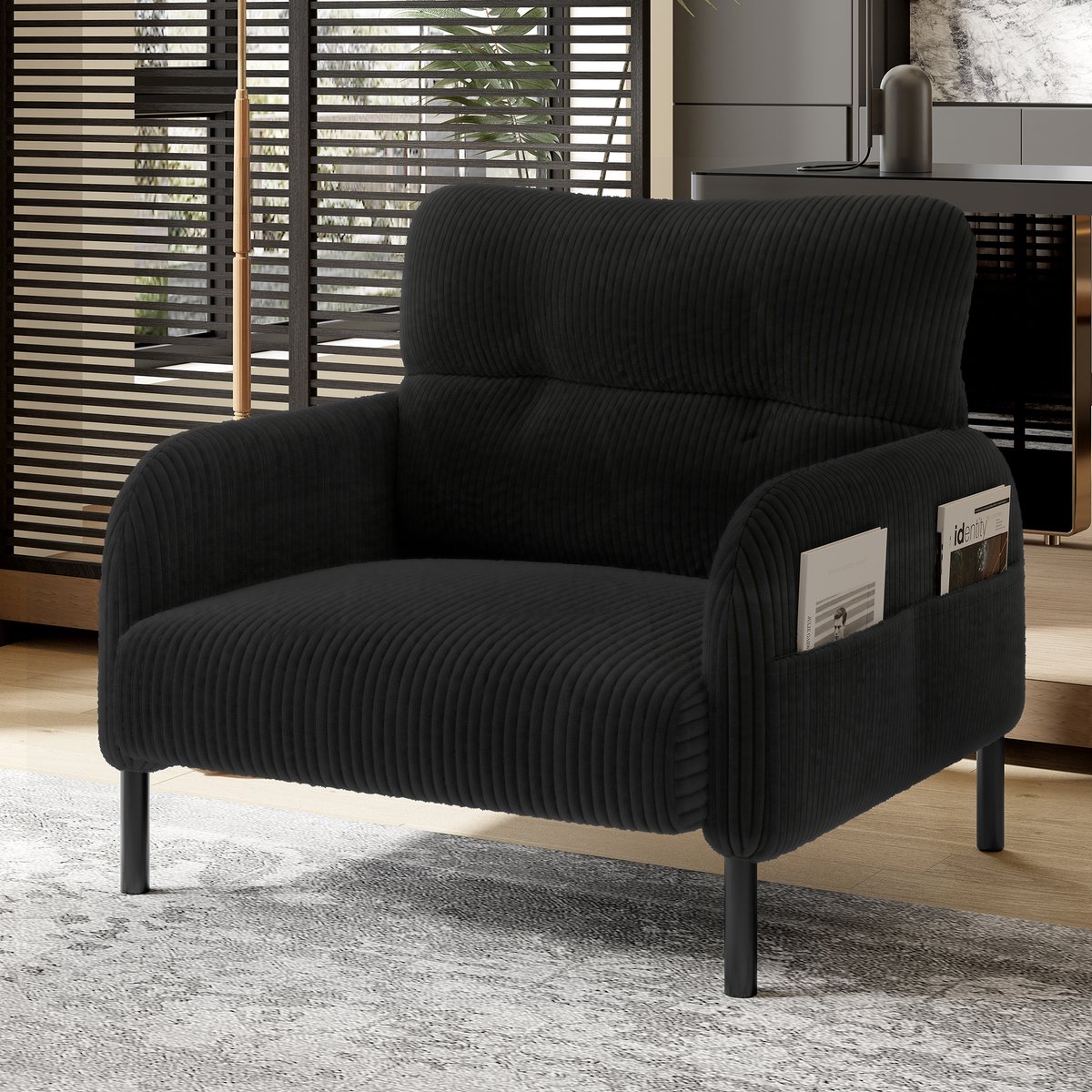 MODFU Fauteuil - Diepe Zitting En Zijvak - Minimalistisch - Woonkamer - Cord - Zwart - 67 X 75 X 79 Cm