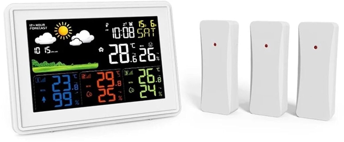 Draadloos Weerstation - Huishygrometer Thermometer - Weersvoorspelling Binnen Buiten - 3 Afstands Sensoren - LCD Display Radio Klok - Wit