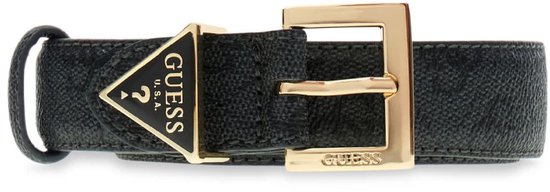 Donkergrijze GUESS riem met goudkleurige gesp en driehoekig logo.