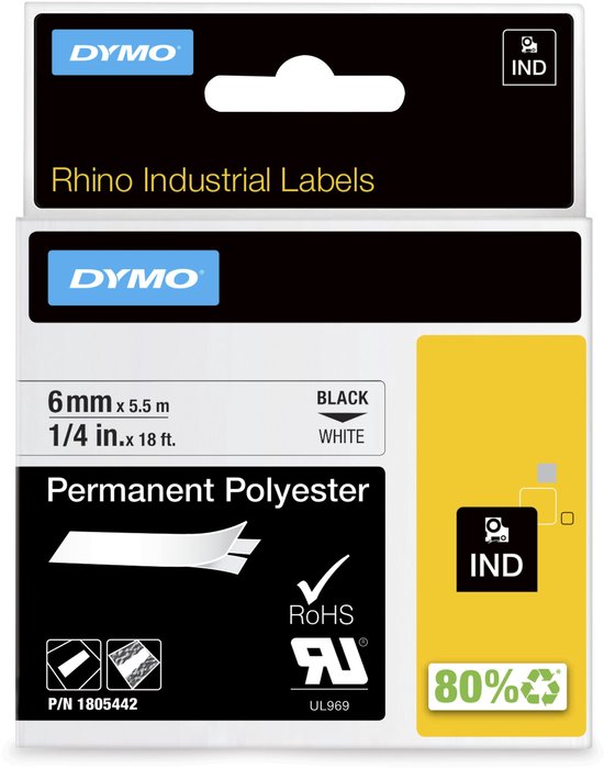DYMO Rhino industriële labels, 6 mm x 5,5 m, permanent polyester, zwart op wit.