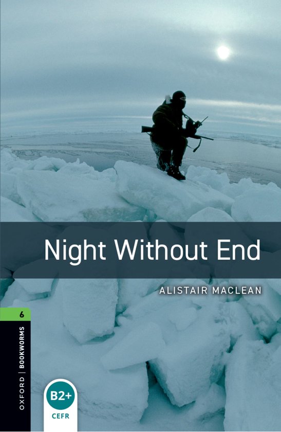 Boekcover 'Night Without End' met op de voorgrond ijsblokken en op de achtergrond een man met een geweer in een besneeuwd landschap.