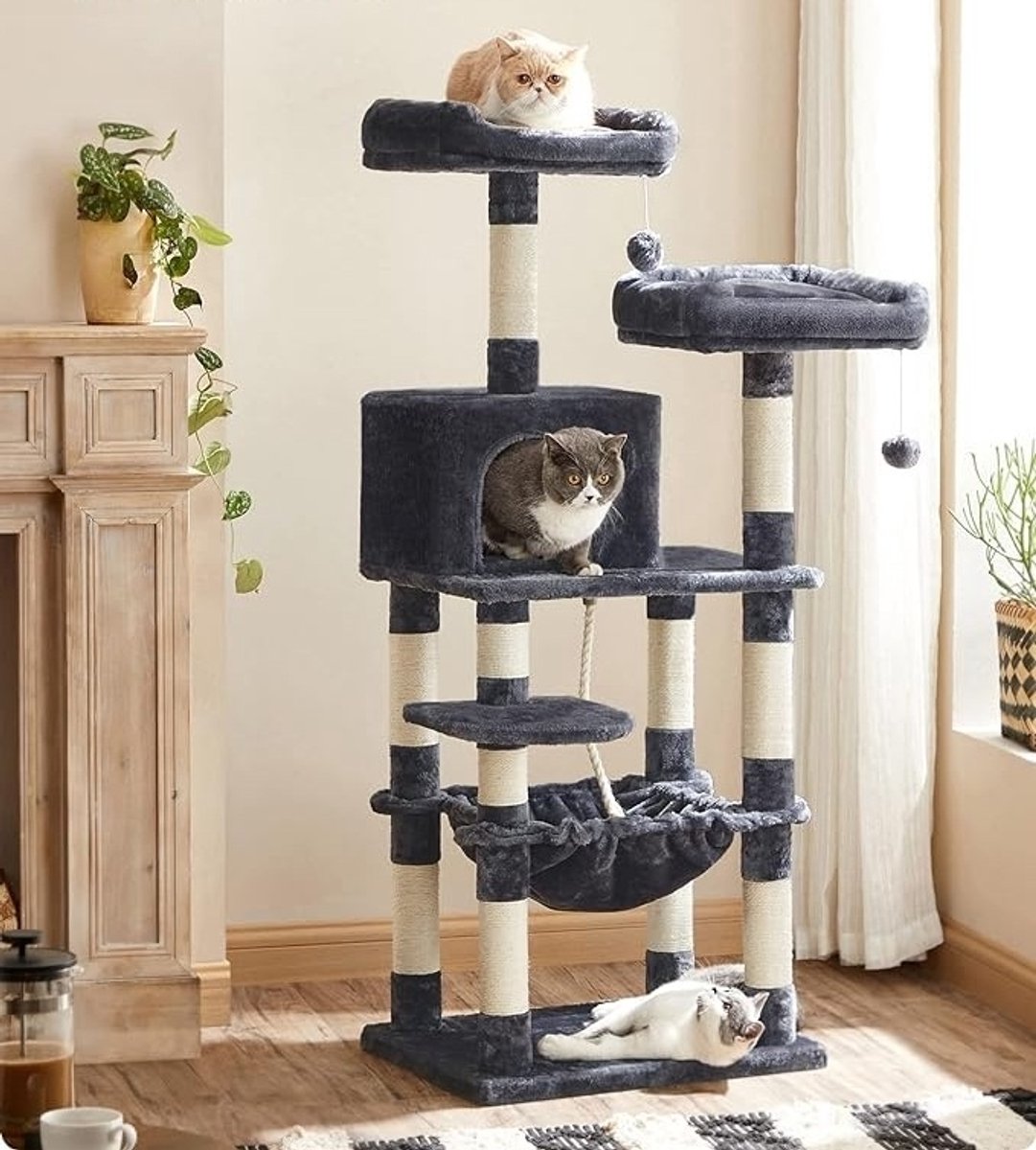 Bol.com Bobbel Home - krabpaal - 143 cm - stabiele krabpaal met kattenhuis - rookgrijs aanbieding