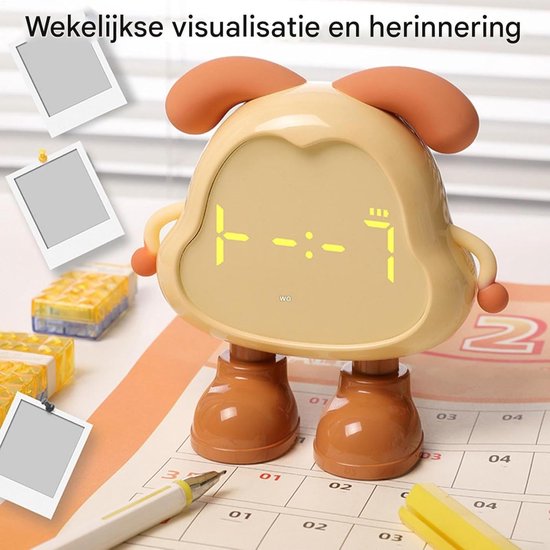 Kinderwekker Grappig - Nachtlamp Klok - Slaap Training - Schattig Honden Design - 14cm Breed - Geel — afbeelding 2
