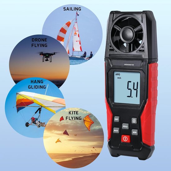 Digitale Windsnelheidsmeter met Achtergrondverlichting en Temperatuurmeting 0,3-30 m/s van Merkloos — afbeelding 4