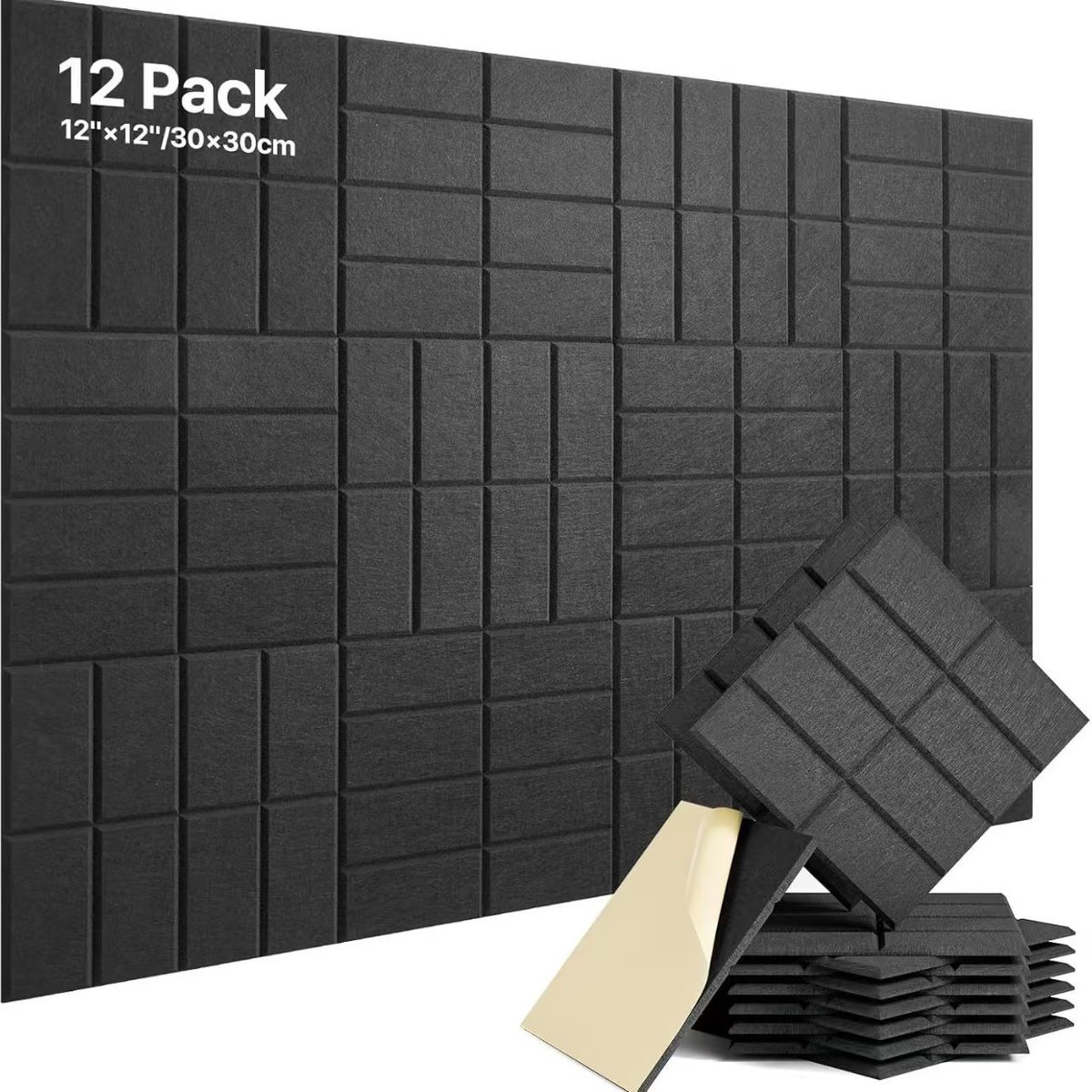 Polyester vezel geluidsabsorberende plaat, geluidsisolatieplaat, vilten plaat, 12 stuks gesneden groeven, met zelfklevende achterkant, fotomuur, geluidsisolerende wandpaneel, zwart