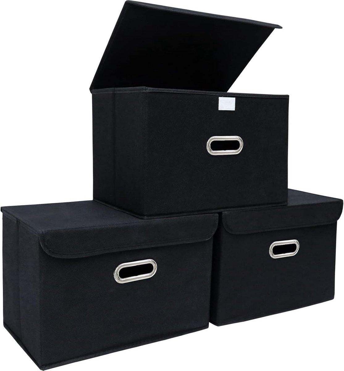 Opvouwbare stoffen opbergdozen met deksels en handgrepen - 3 stuks (zwart)