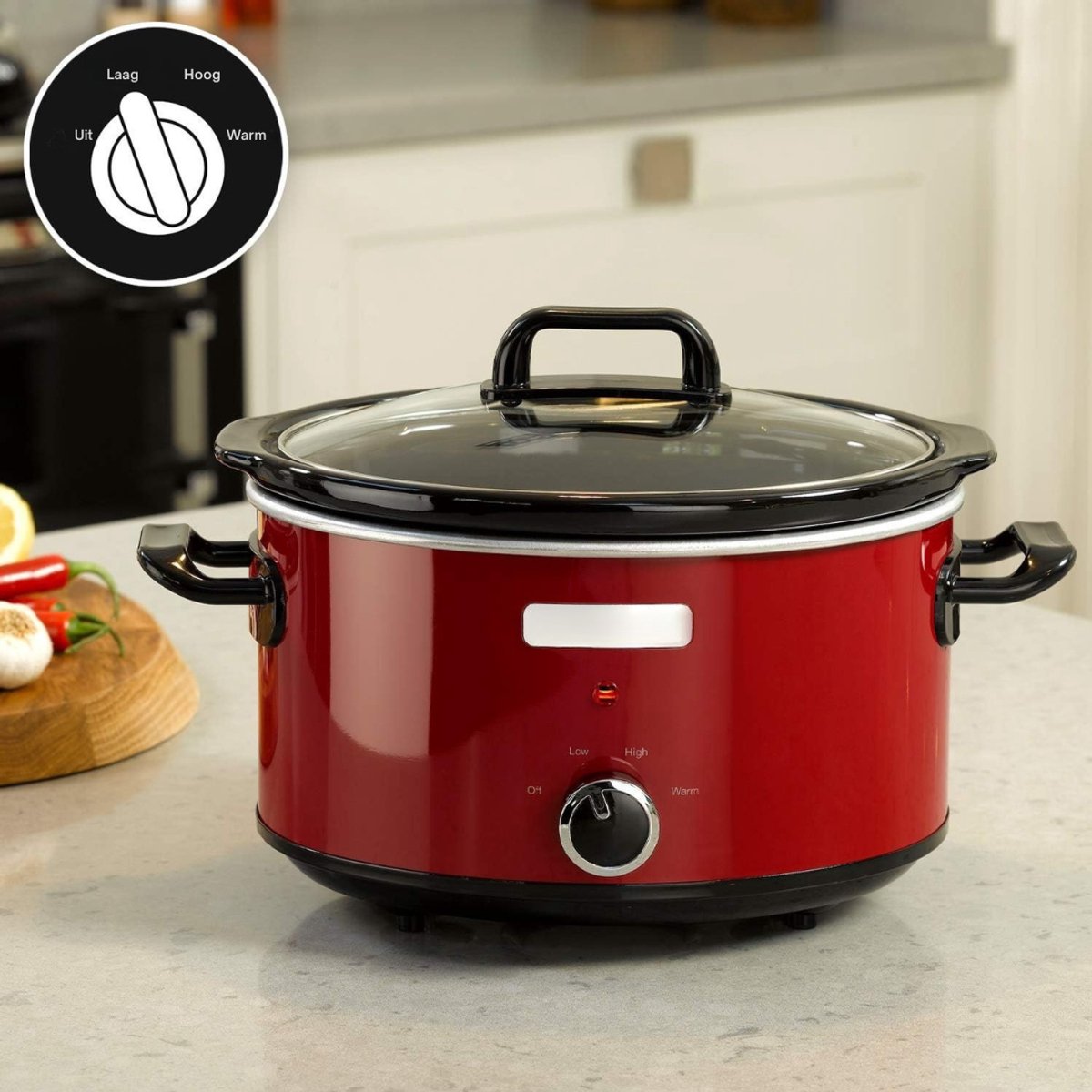 DYNA® Slowcooker met Timer - Crockpot - Stoompot - RVS - Inclusief Warmhoudfunctie - Rood - 30cm x 22cm x 30cm – foto 5