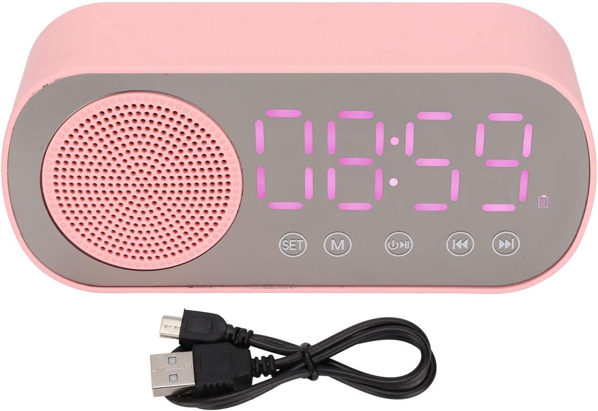 Digitale Wekker met Bluetooth 5.0 en Led-spiegelscherm - Roze Klokluidspreker voor Slaapkamer