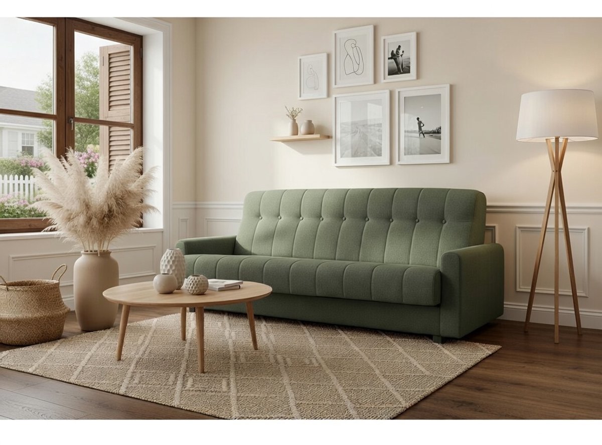 Slaapbank met slaapfunctie 213 × 85 × 92 cm – Dennengroene 3-zits slaapbank met opbergruimte, uittrekbaar bed 190 × 115 cm, compacte bank voor woonkamer en studio – Nordic Herbi Comfort – Bellavero