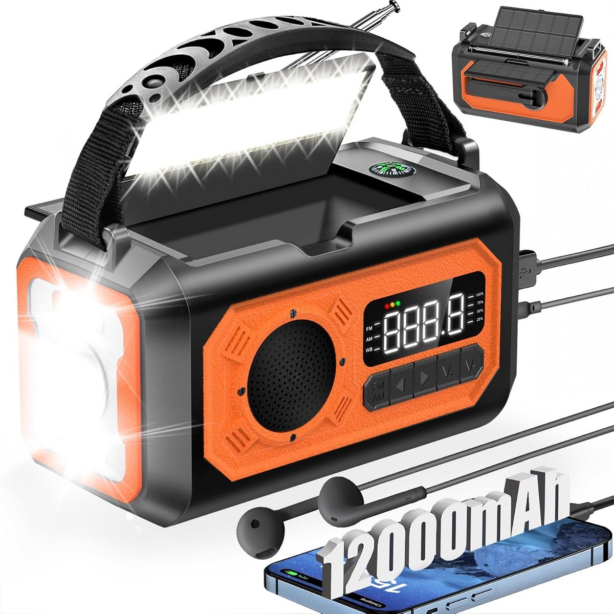 Noodweerradio met 12000 mAh en Zonnepanelen – Hand Crank Radio met Oplaadmethoden, SOS Alarm en Zaklamp