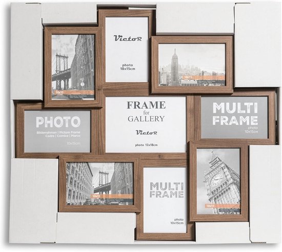 Bruine houten fotolijst met 'FRAME for GALLERY' in het midden en 'PHOTO' en 'MULTI FRAME' op de zijkanten. Bevat foto's van de Brooklyn Bridge en Big Ben.