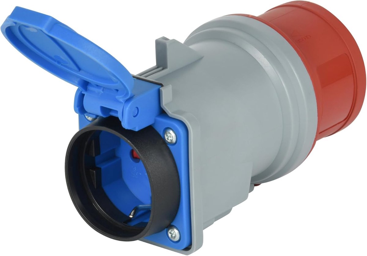 Industriële adapter van 16A Schuko-stopcontact naar 3-polige CEE-stekker met kap