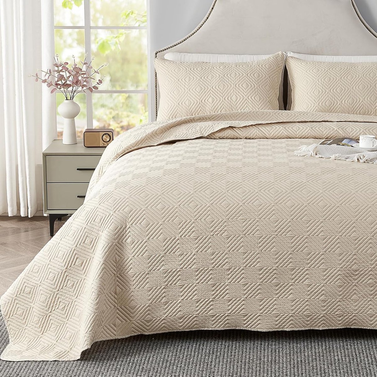 Lichte Beige Gewatteerde Bedsprei 220x240 cm - 3-delige Set voor Zomer & Winter
