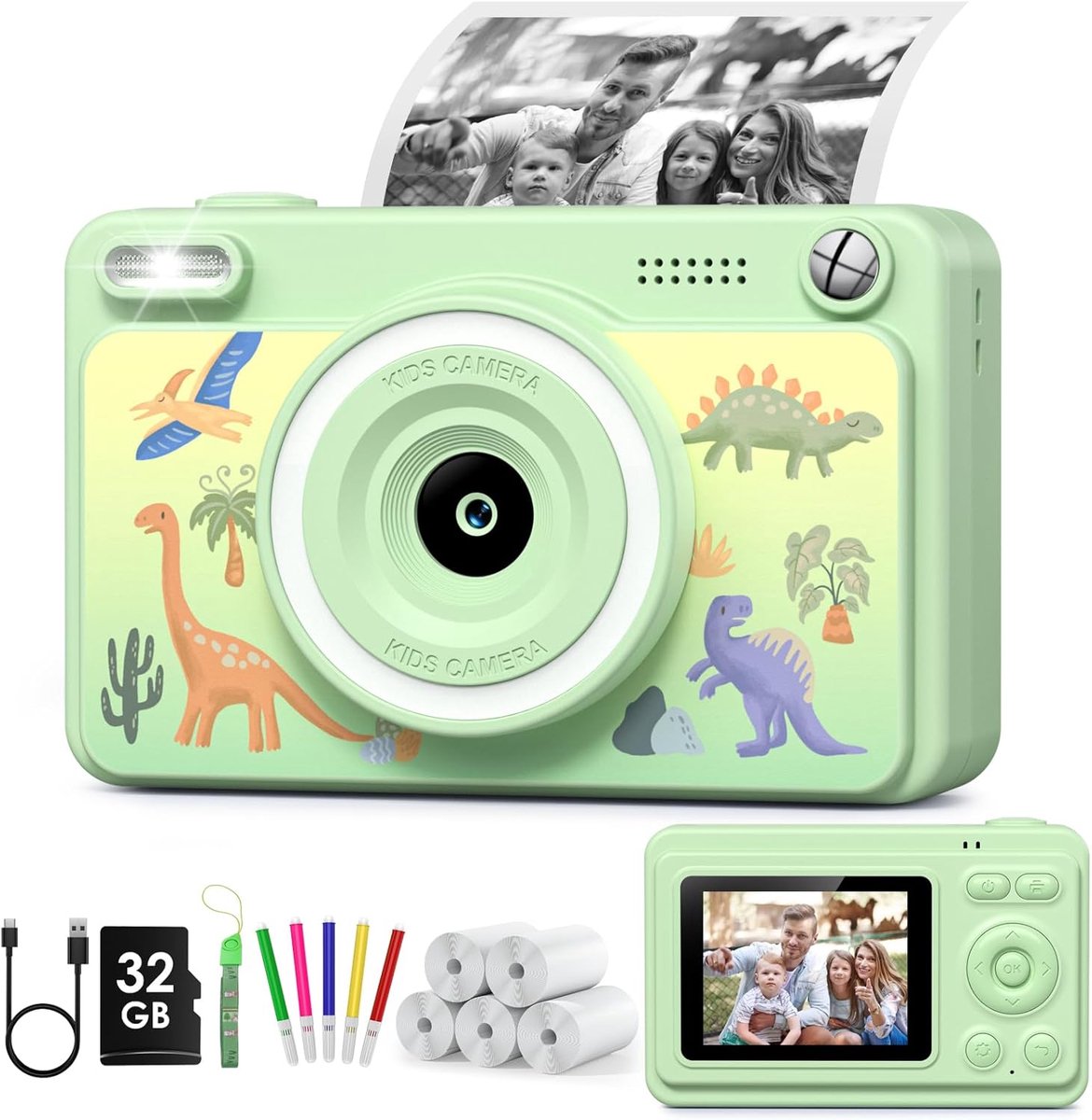 GREENKINDER Instant kindercamera, 2,4 inch scherm, met 32 GB kaart en 5 rollen printpapier, 1080p camera voor kinderen, direct afdrukken, cadeau voor 3-12 jongens en meisjes