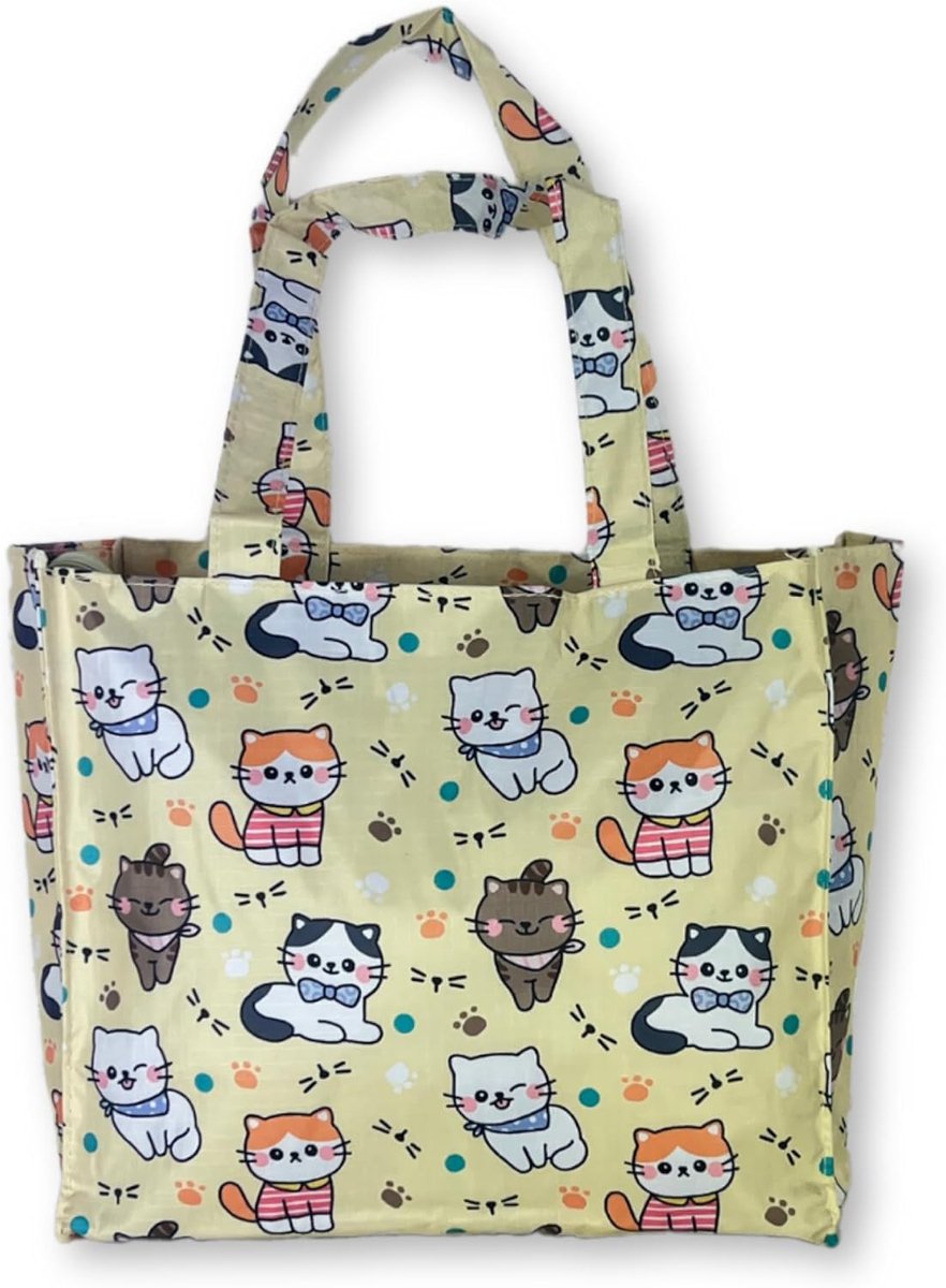 Kleine damestas nylon herbruikbare boodschappentas met rits en kitten motief 30 cm
