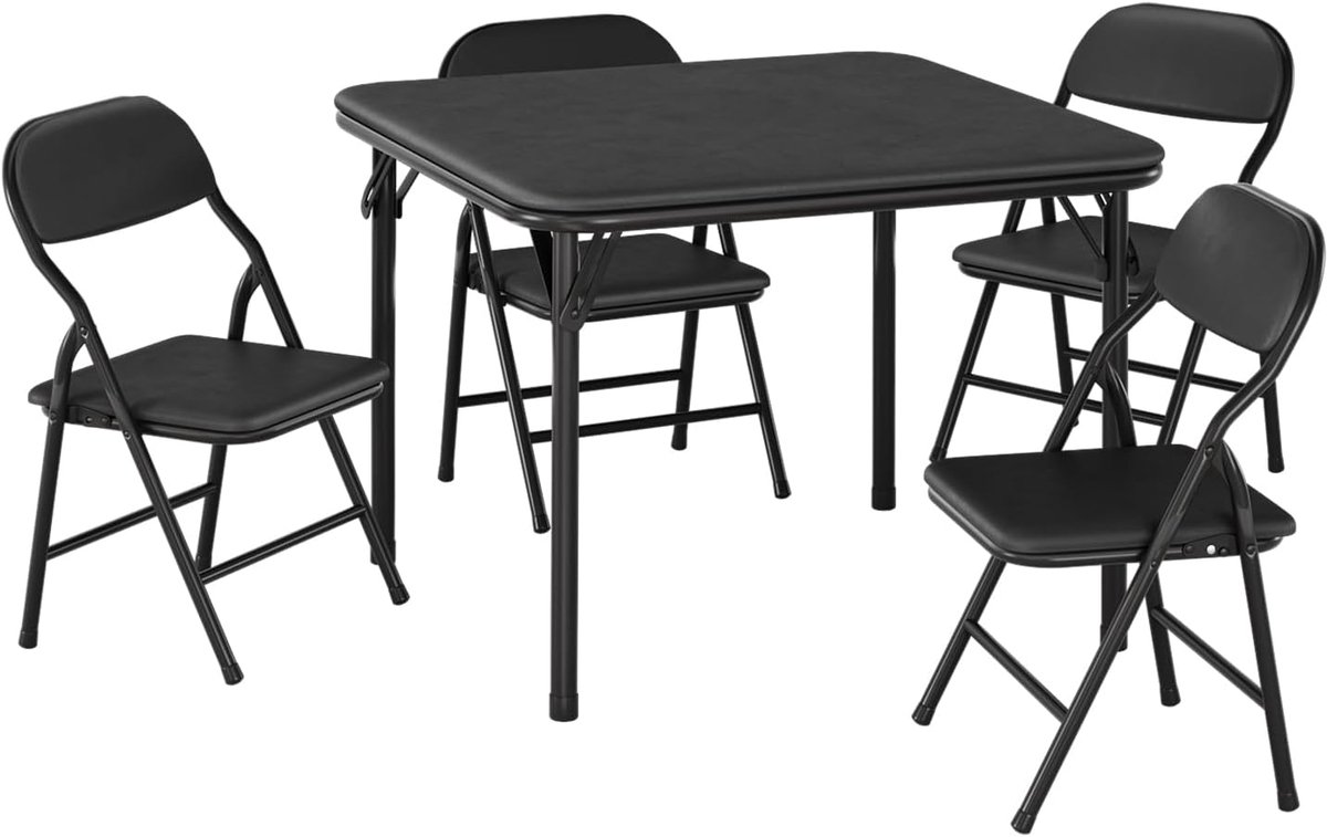 5-Delige Opvouwbare Kindertafel en Stoelen Set - Speeltafel met 4 Stoeltjes - Zacht PU Leer - Geen Montage - Zwart