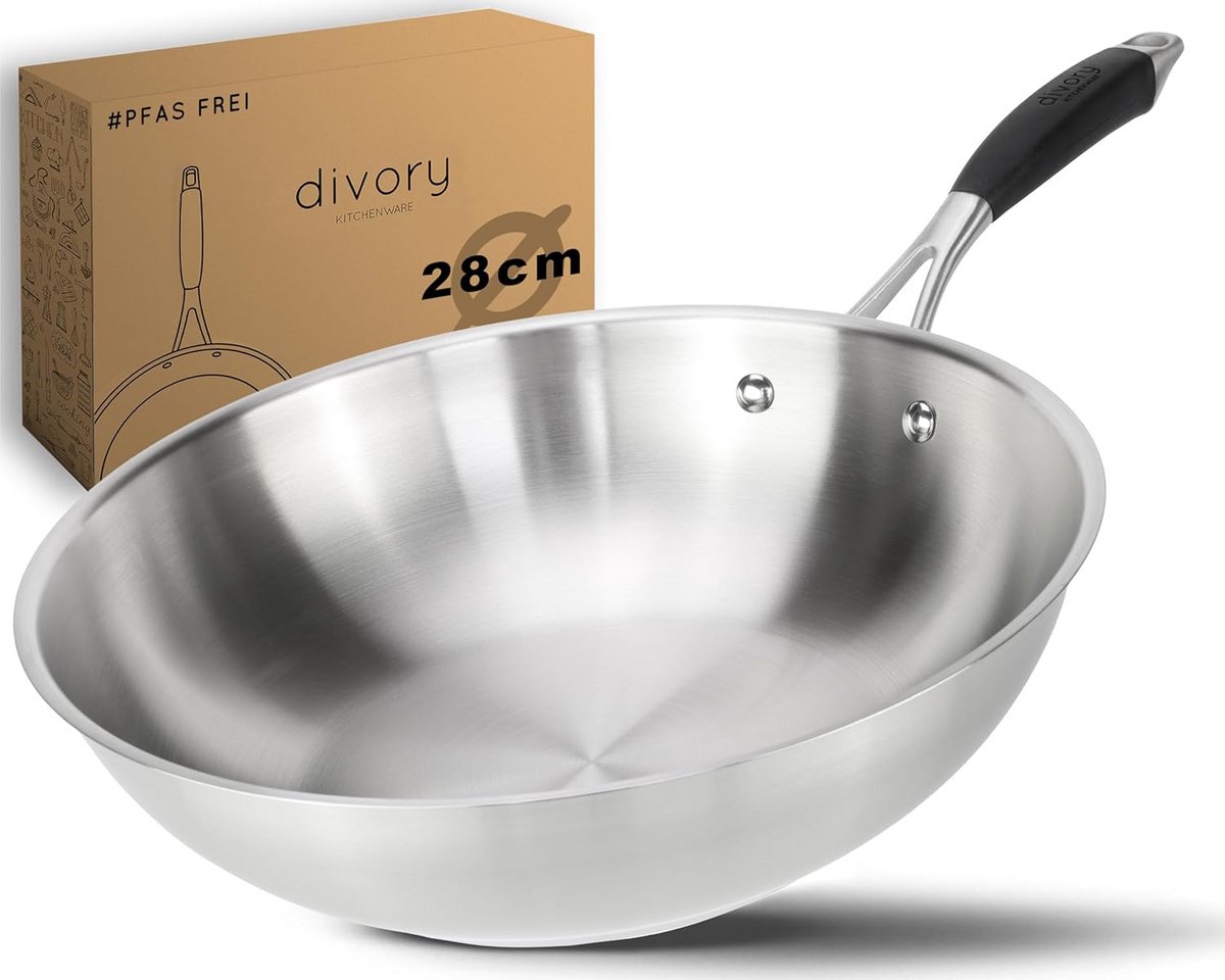 Wokpan roestvrij staal 28 cm - Zonder coating, vrij van PTFE/PFOA, geschikt voor inductie en gas