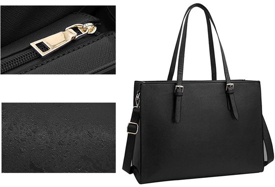 Zwarte shopper tas met details van de binnenkant en de ritssluiting.