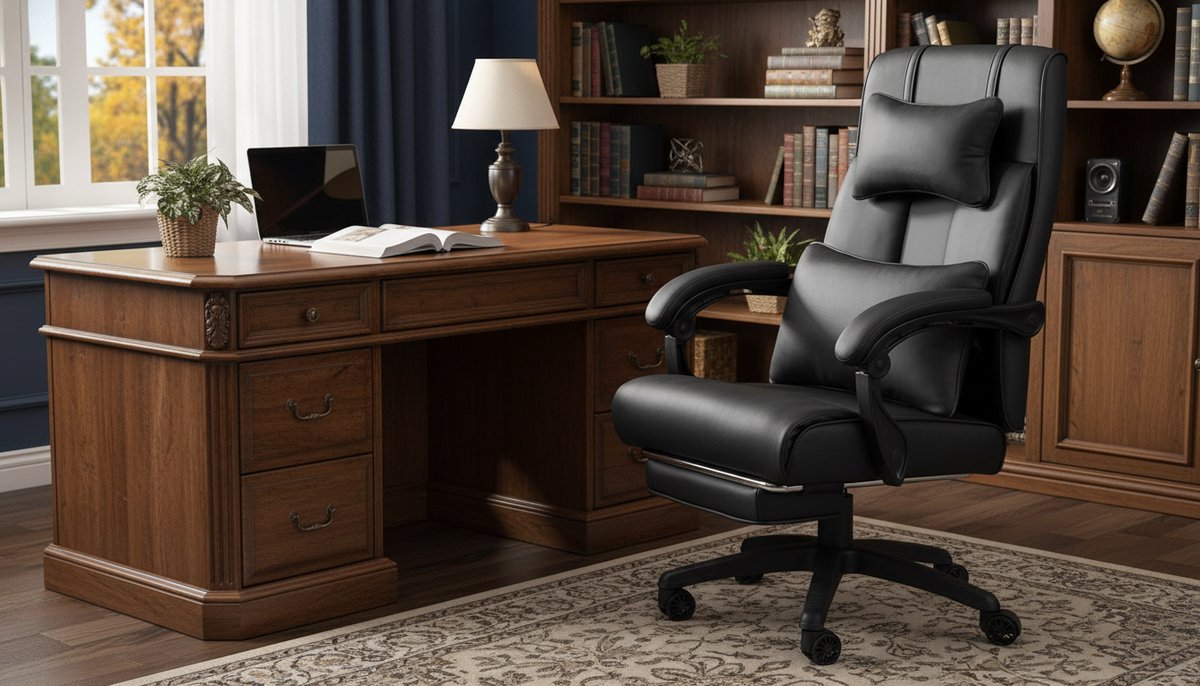 Directiestoel Casa Velluto ExecutiveComfort – Ergonomische Bureaustoel Met Hoofdsteun, Verstelbare Lendensteun, Voetsteun, Hoge Rugleuning, Kunstleren Bekleding, Draaistoel Voor Kantoor, Thuis, Gaming – Zwart