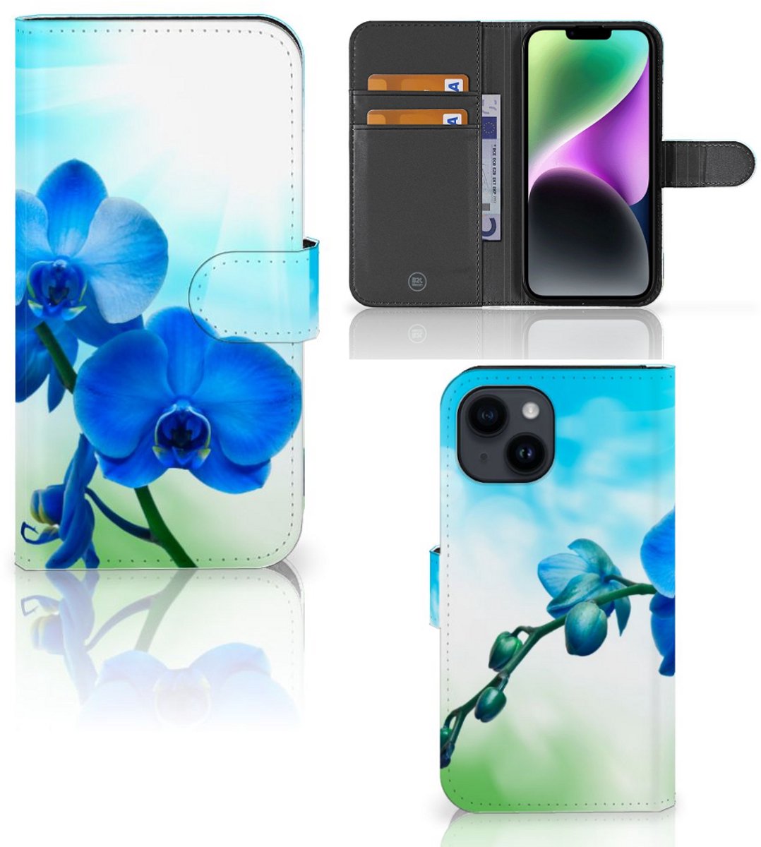 Boekhoesje voor iPhone 15 Hoesje Orchidee Blauw - Cadeau voor je Moeder