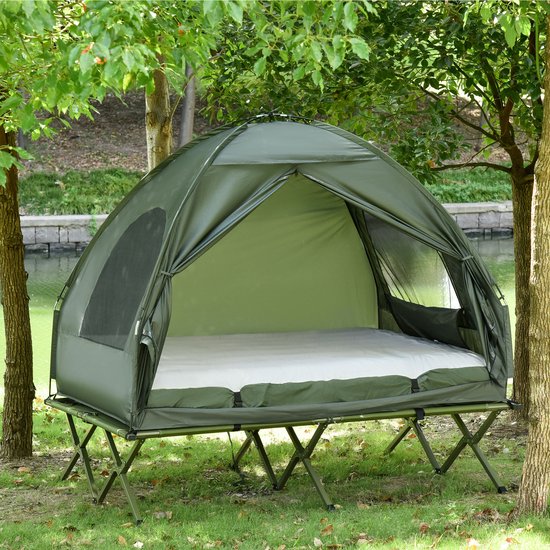 MODFU - Verhoogd Campingbed Met Koepeltent - Met Luchtmatras En Voetpomp - Oxford Stof - Groen - 193 X 136 X 178 Cm van Merkloos — afbeelding 2