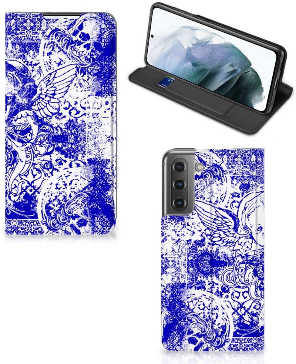 Mobiel BookCase Samsung Galaxy S21 FE Angel Skull Blauw