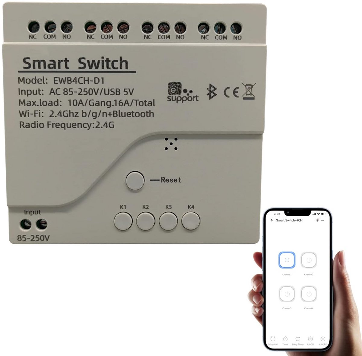Slimme 4-kanaals wifi relaismodule met Bluetooth voor afstandsbediening